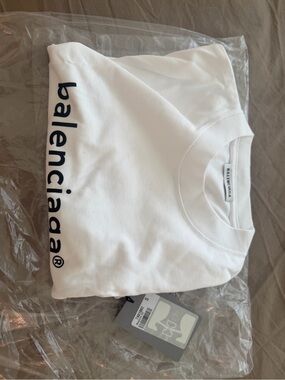 Balenciaga White Crewneck with Black Vertical Logo